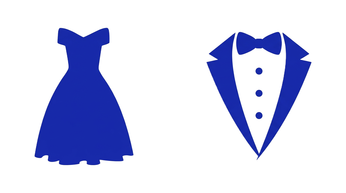Vestido formal para damas y esmoquin para caballeros
