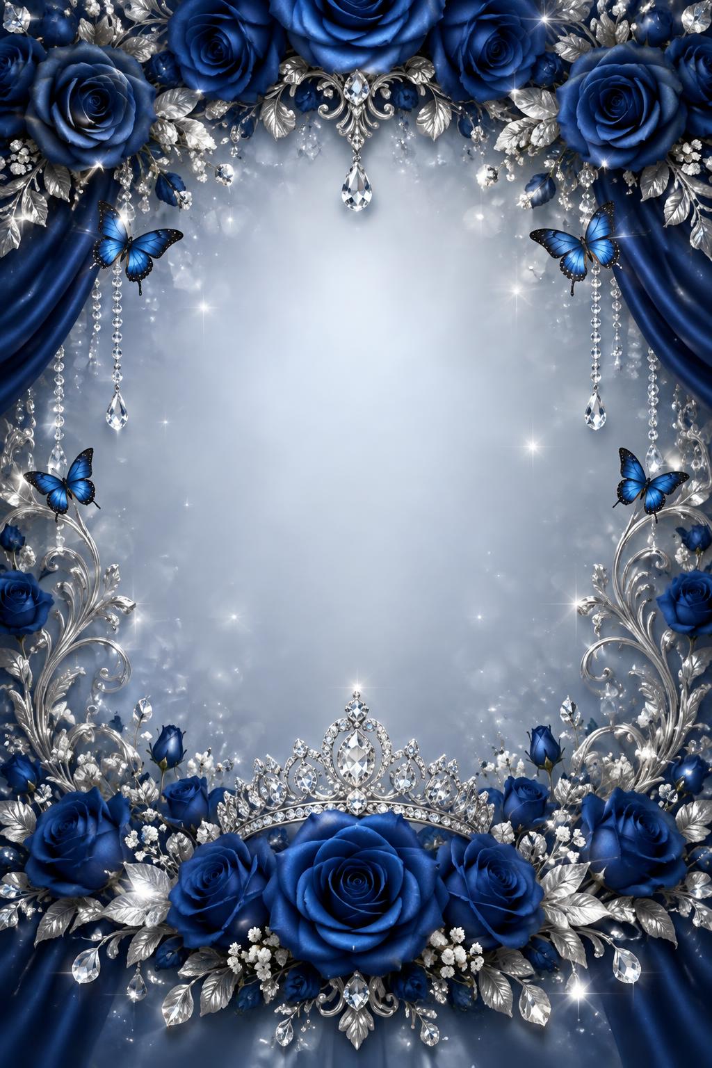 Rosas azules, mariposas y corona de plata
